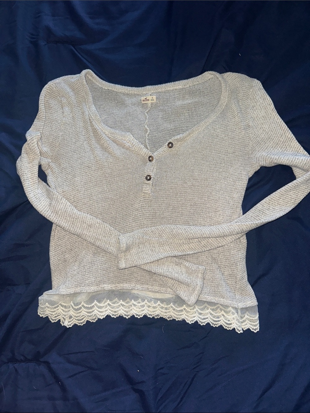Hollister Light Gray Lace-Hem Long Sleeve Henley